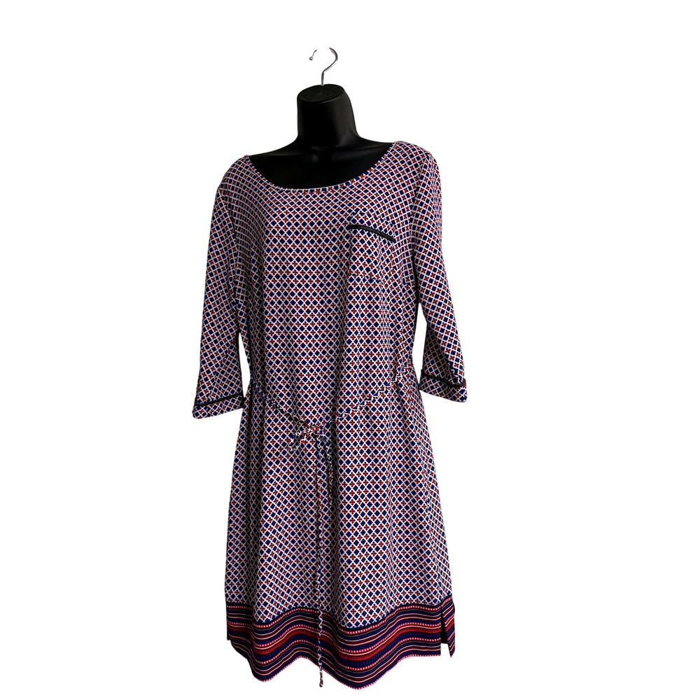 Merona Womens Navy Red Geometric Diamond Print Drawstring Shift Dress Size M